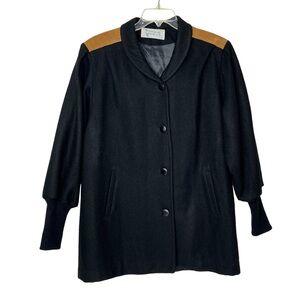 Stephanie Mathews Mid Length Button Up Black Wool Brown Suede Coat Women's 16